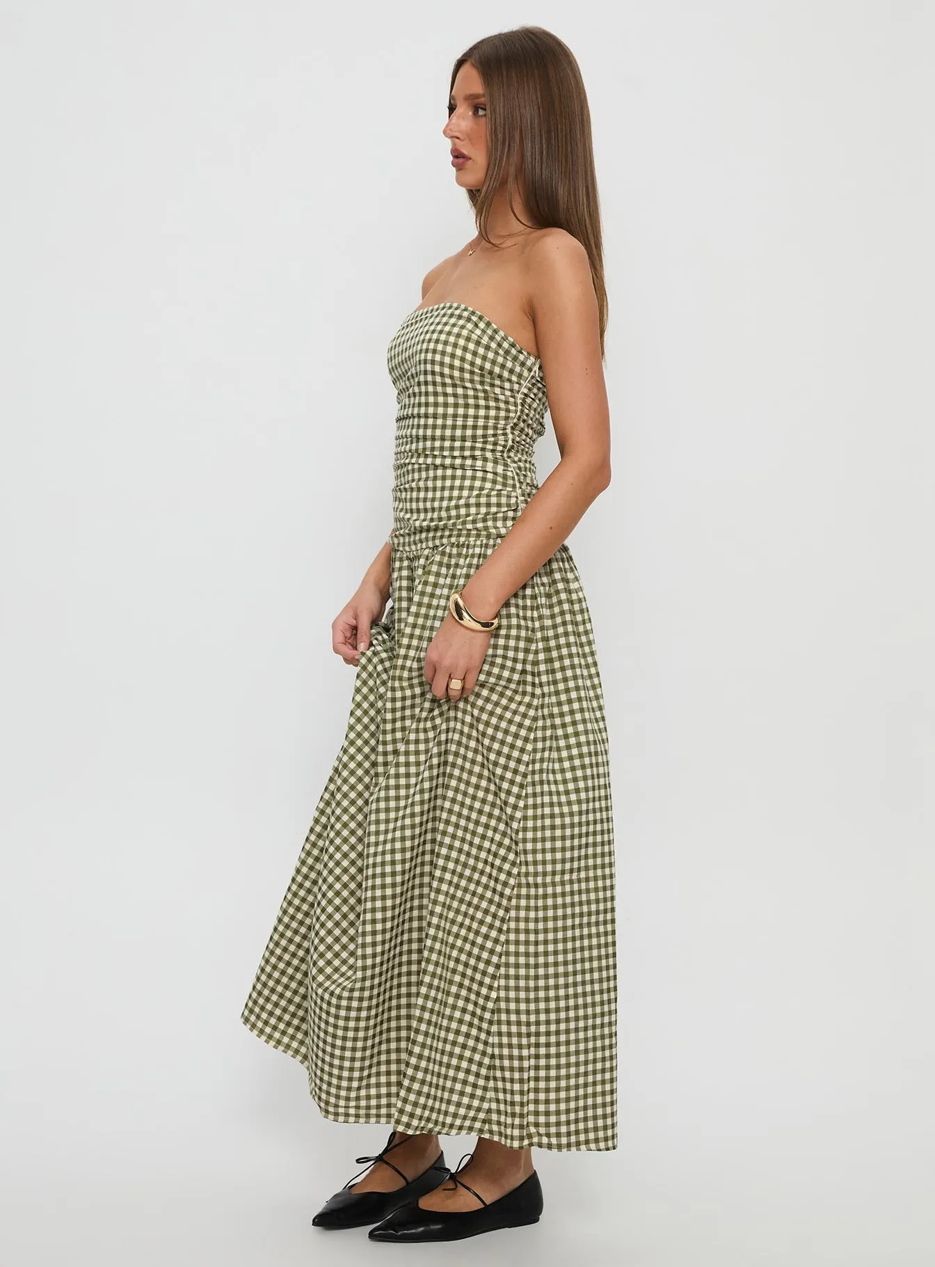Frankey Strapless Drop Waist Maxi Dress Green Check sold by Princess Polly product image thumbnail 4