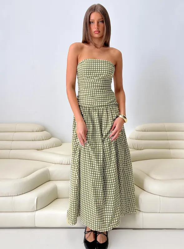 Frankey Strapless Drop Waist Maxi Dress Green Check sold by Princess Polly