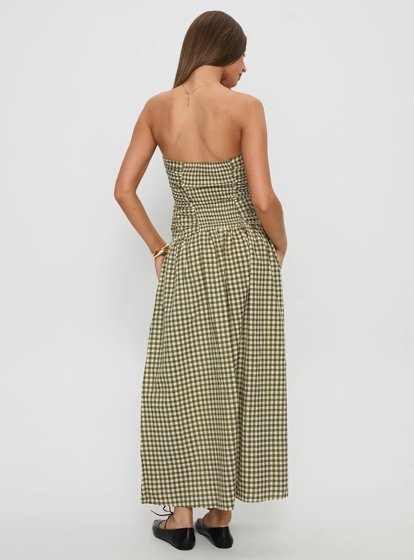 Frankey Strapless Drop Waist Maxi Dress Green Check sold by Princess Polly product image thumbnail 5