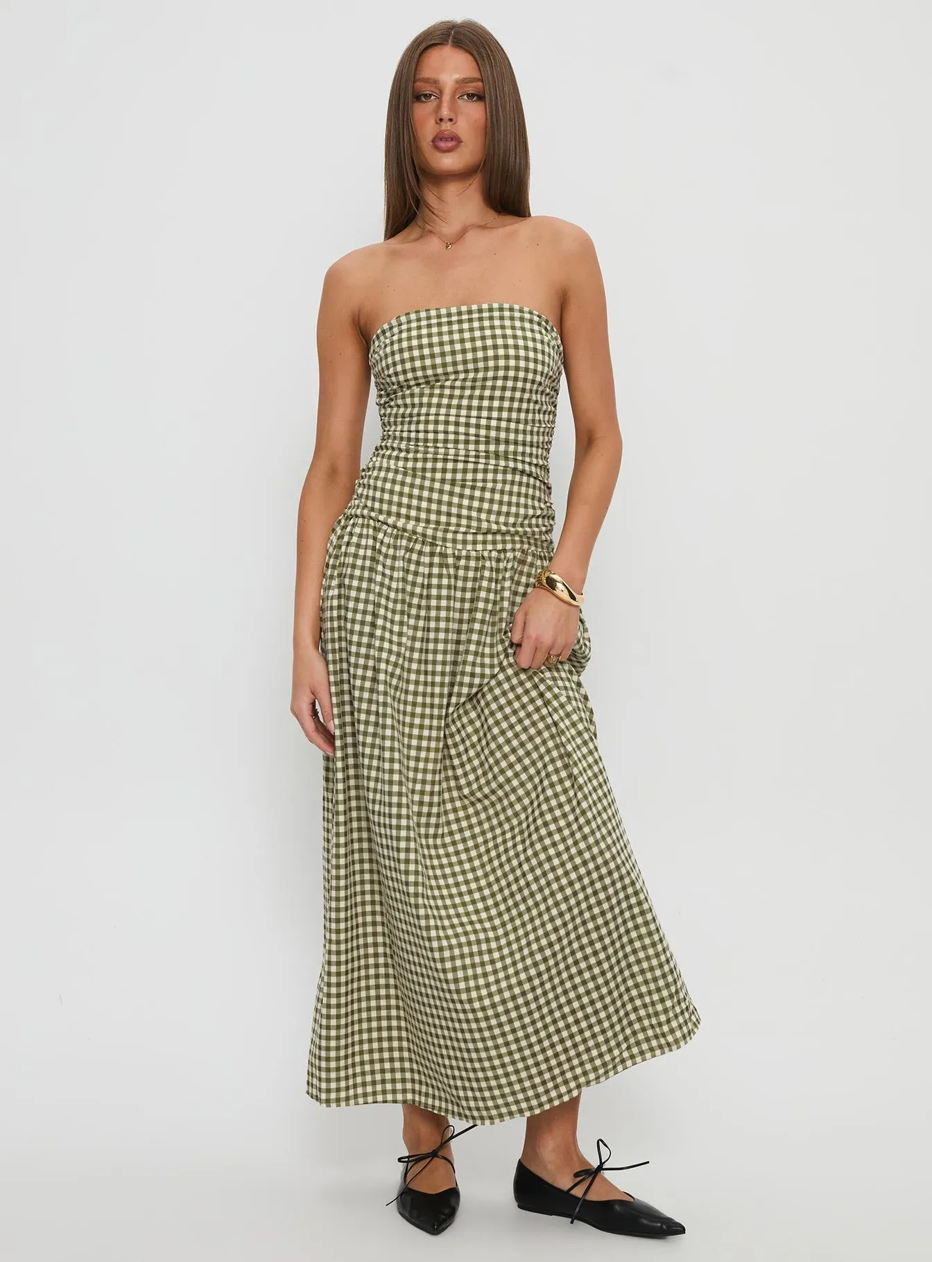 Frankey Strapless Drop Waist Maxi Dress Green Check sold by Princess Polly product image thumbnail 2