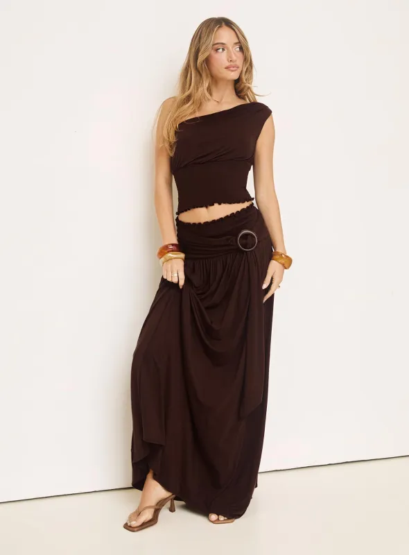Full Orbit Shirred Maxi Skirt Chocolate Brown sold by Princess Polly