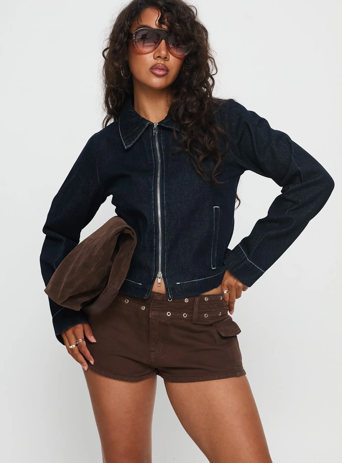 Reno Eyelet Micro Shorts Brown Wash sold by Princess Polly