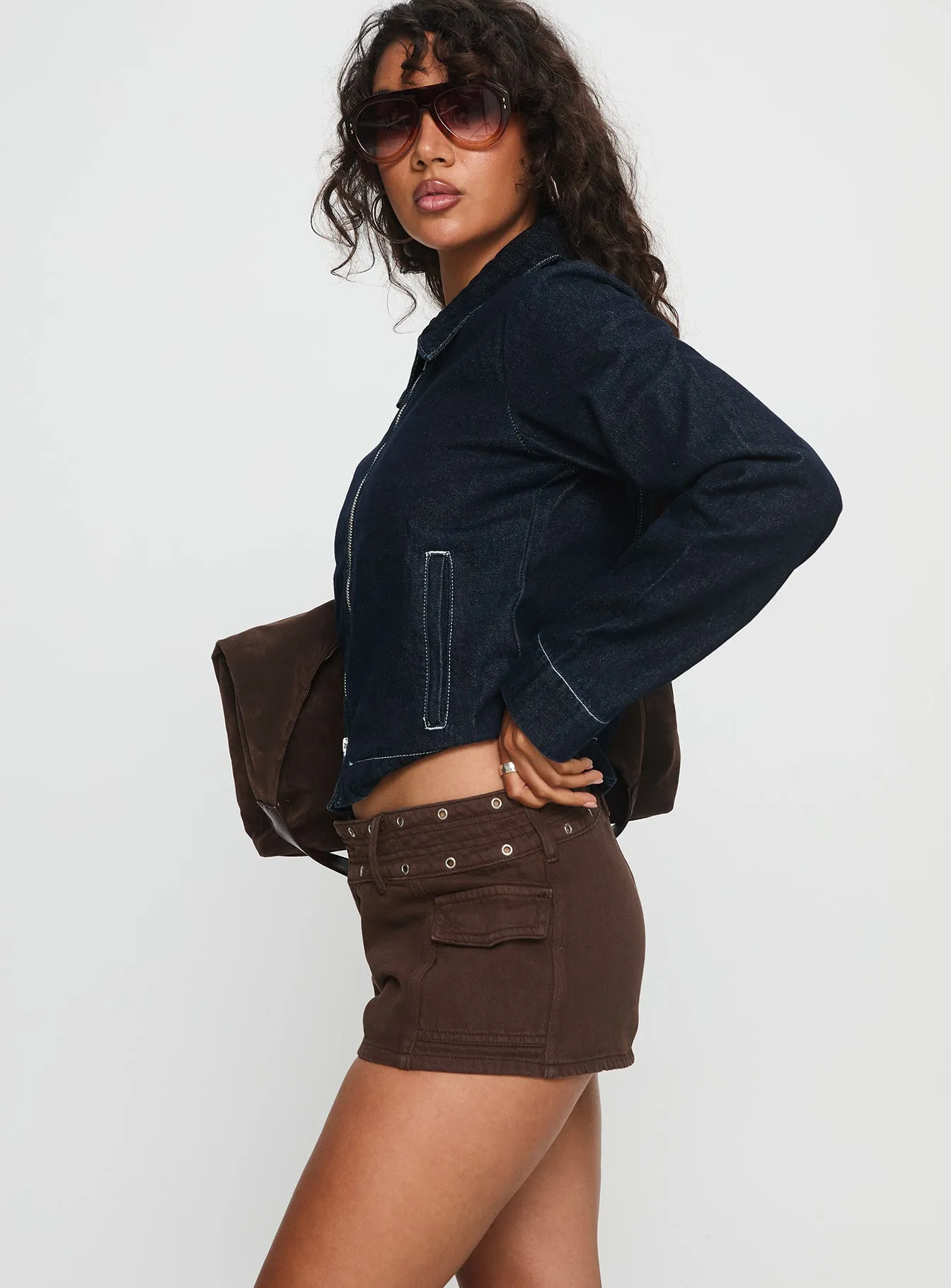 Reno Eyelet Micro Shorts Brown Wash sold by Princess Polly product image thumbnail 3