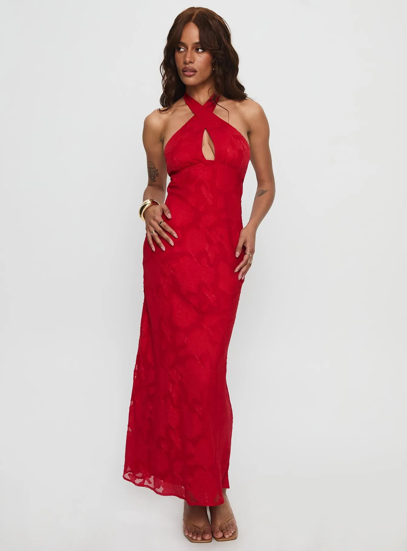 Ending Credits Halter Twist Maxi Dress Red Burnout sold by Princess Polly product image thumbnail 2