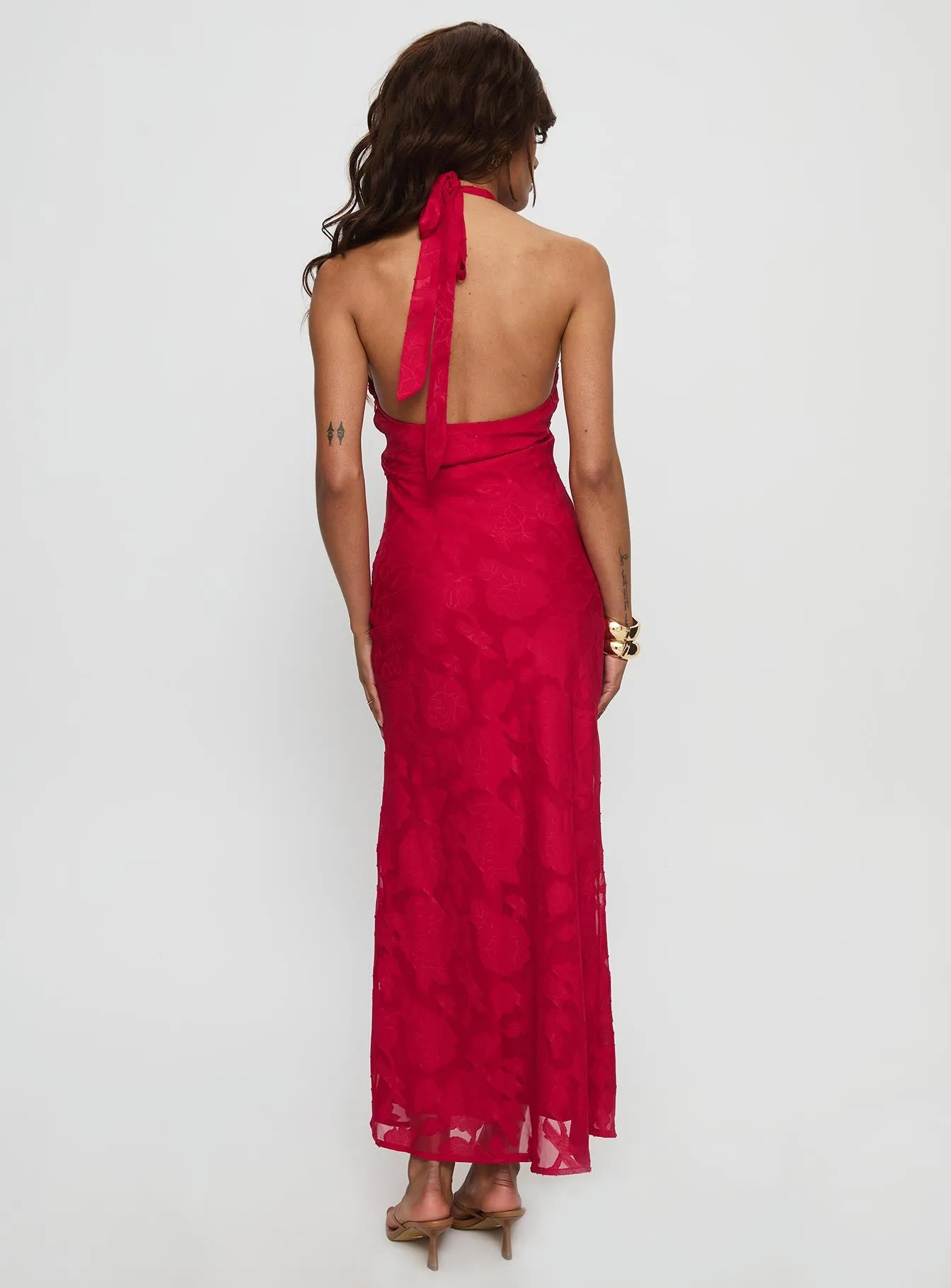 Ending Credits Halter Twist Maxi Dress Red Burnout sold by Princess Polly product image thumbnail 4