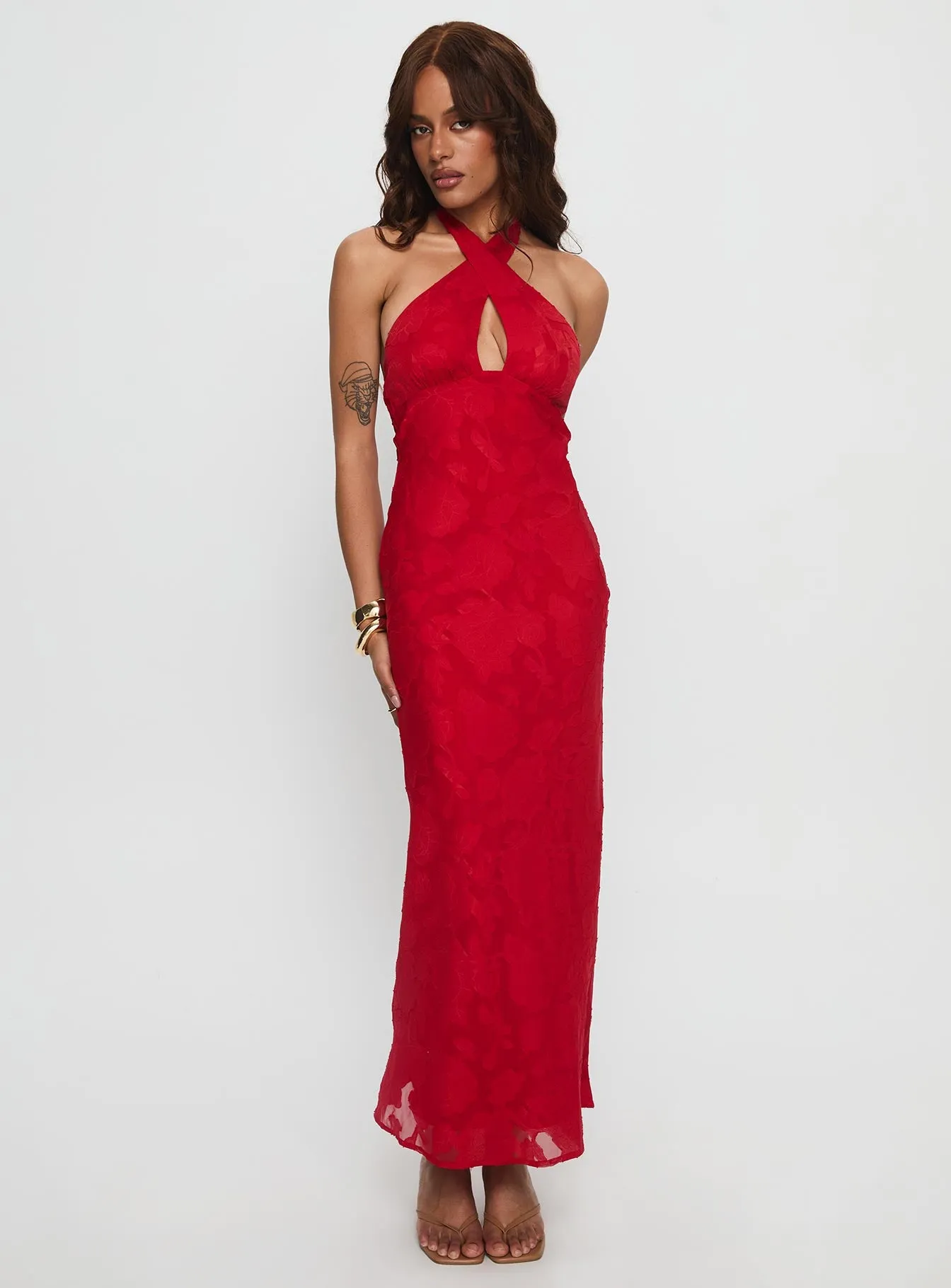 Ending Credits Halter Twist Maxi Dress Red Burnout sold by Princess Polly