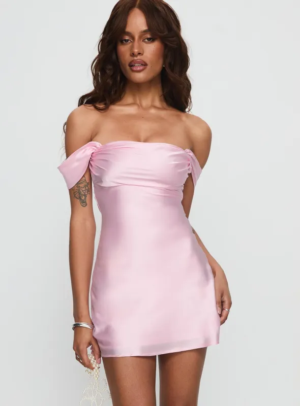 Zabbarra Off The Shoulder Mini Dress Light Pink sold by Princess Polly