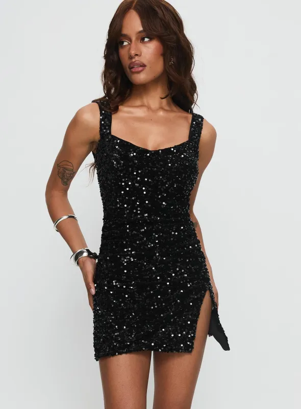Centerfold Sequin Mini Dress Black sold by Princess Polly