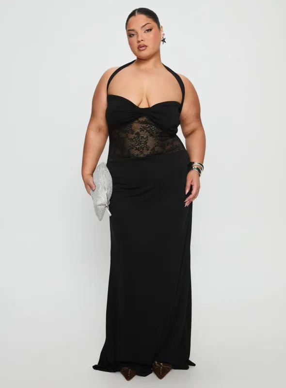 Adalyne Lace Halter Maxi Dress Black Curve sold by Princess Polly