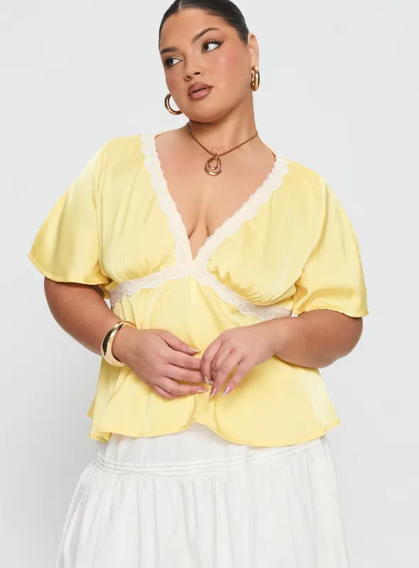 For The Summer Lace Trim Top Yellow Curve sold by Princess Polly