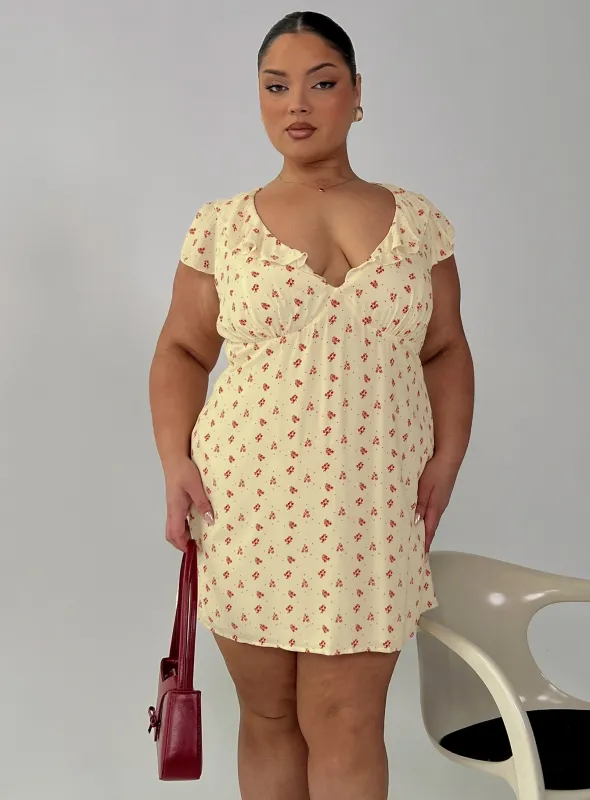 Just Me And You Frill Mini Dress Yellow Floral Curve sold by Princess Polly