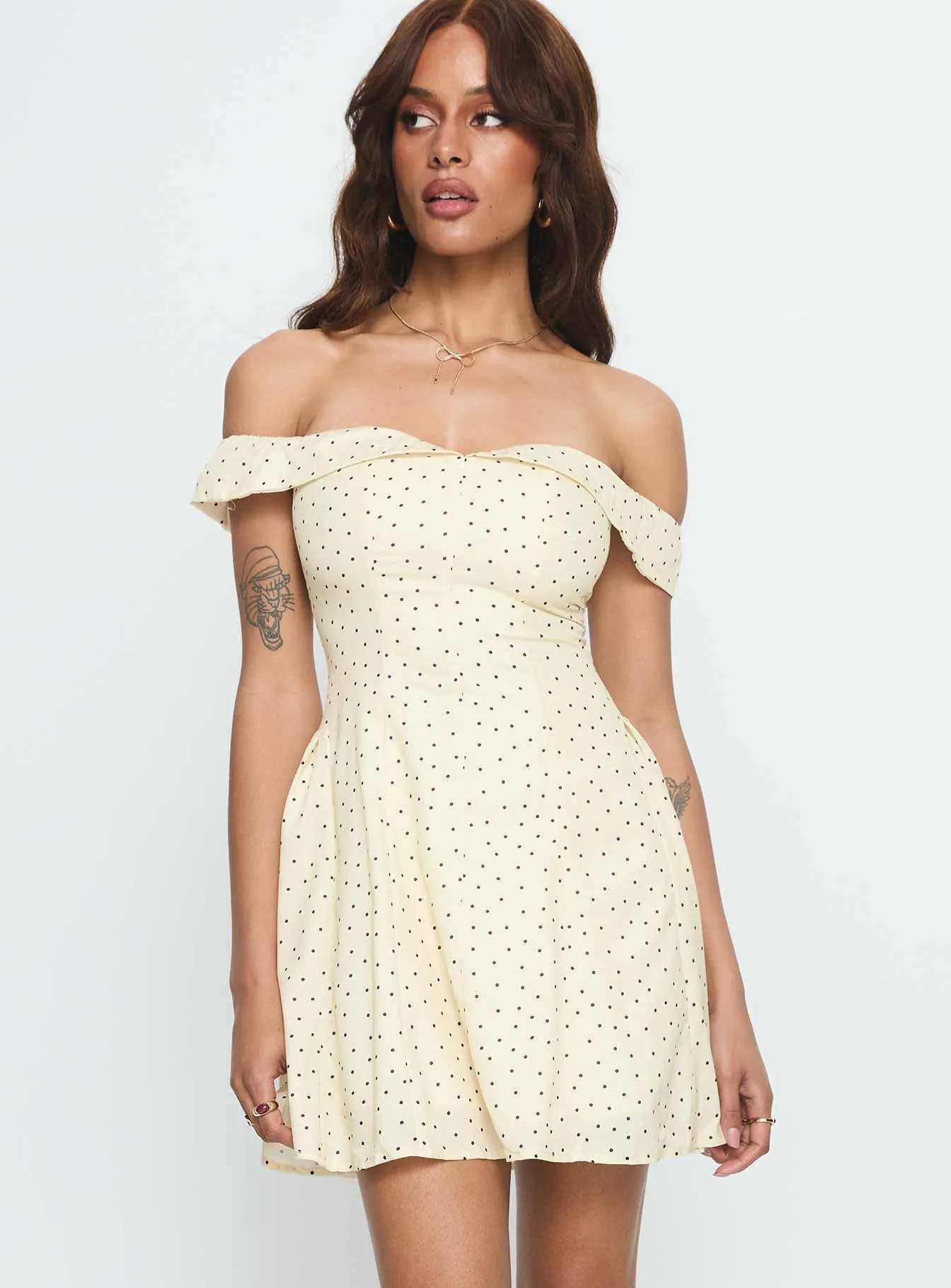 Rosebud Off The Shoulder Mini Dress Yellow / Polka Dot sold by Princess Polly