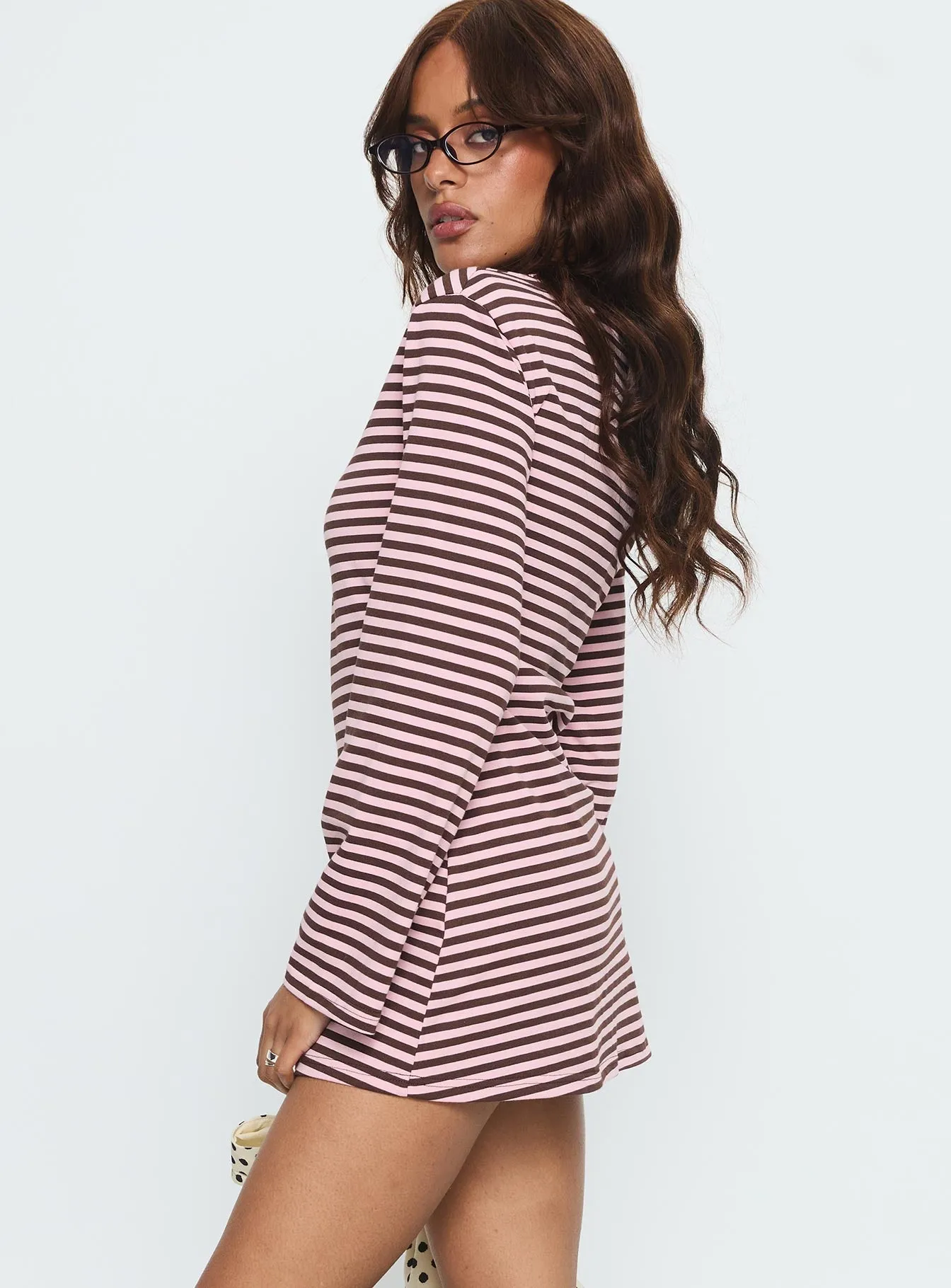 Lulolah Long Sleeve Mini Dress Chocolate / Pink Stripe sold by Princess Polly product image thumbnail 3