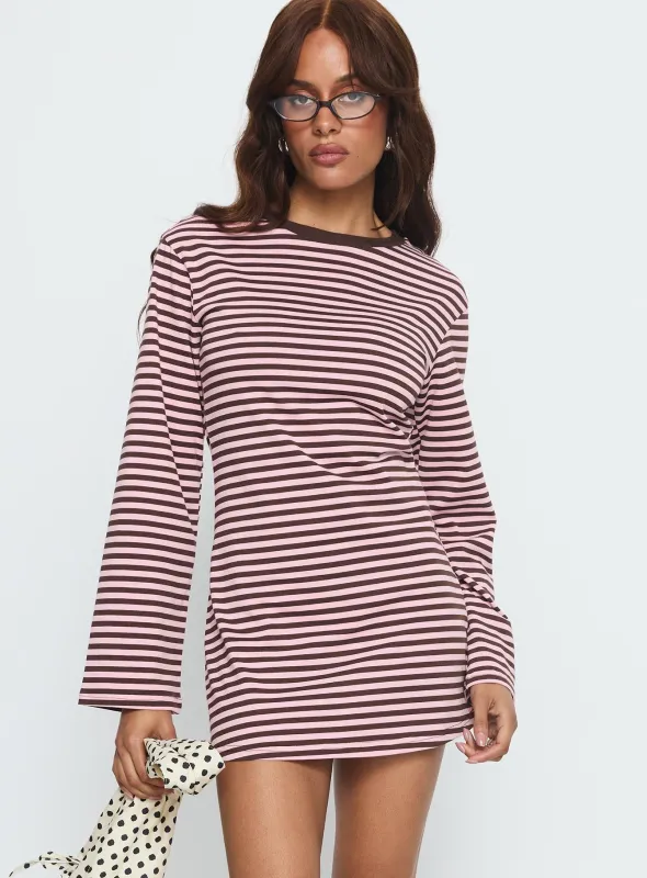 Lulolah Long Sleeve Mini Dress Chocolate / Pink Stripe sold by Princess Polly
