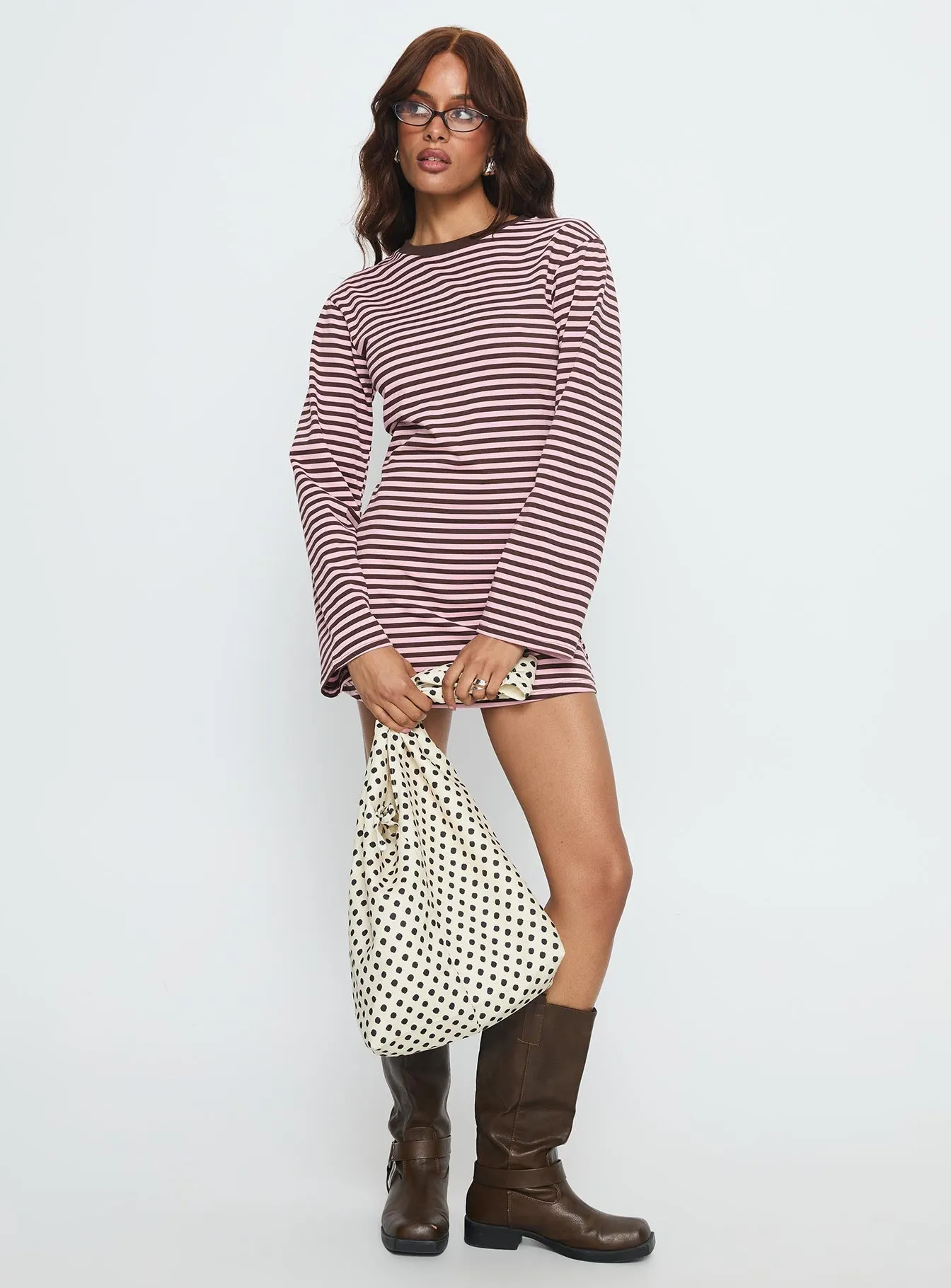 Lulolah Long Sleeve Mini Dress Chocolate / Pink Stripe sold by Princess Polly product image thumbnail 2