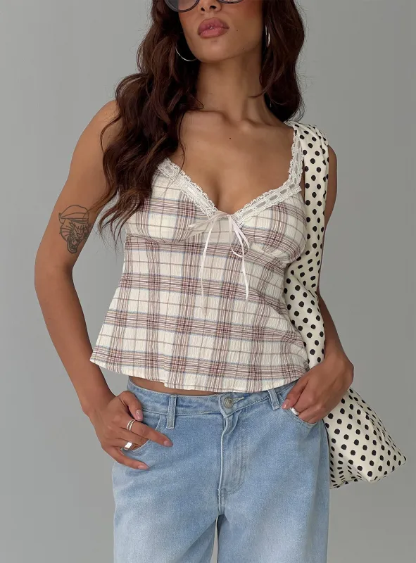 Pretty It Up Tie Detail Top Beige Check sold by Princess Polly