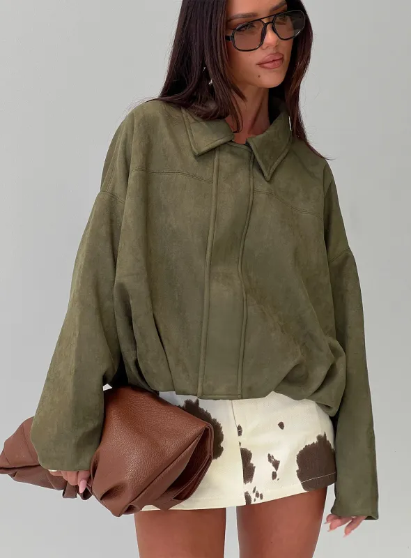 Enlightened Faux Suede Bomber Jacket Khaki sold by Princess Polly