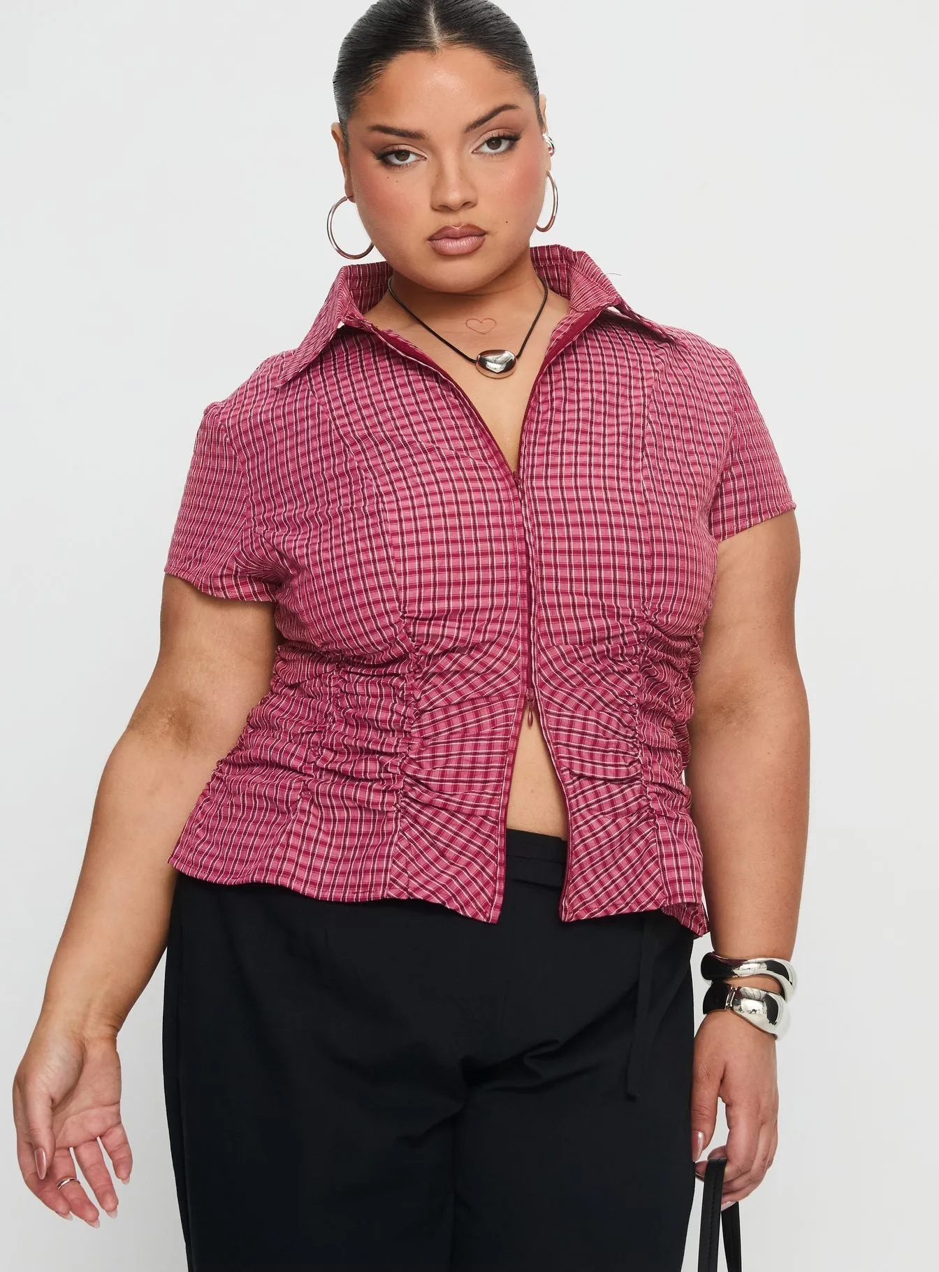Meryn Ruched Top Red Check Curve sold by Princess Polly product image thumbnail 2