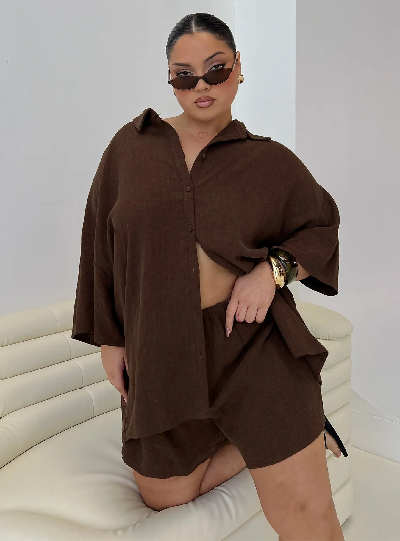 Peni Drawstring Linen Shorts Chocolate Curve sold by Princess Polly