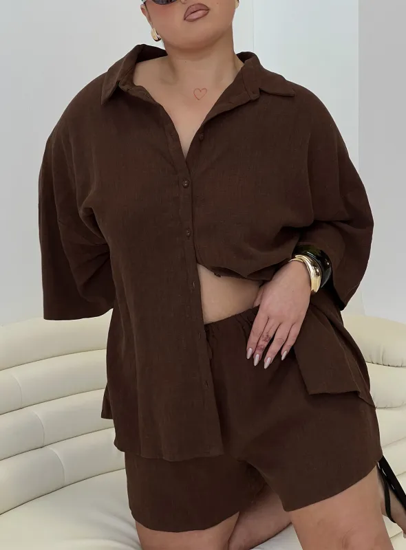 Peni Linen Button Down Top Chocolate Curve sold by Princess Polly