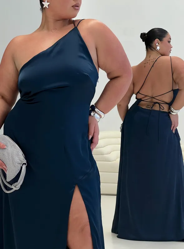 Kiss Of Life Satin Maxi Dress Navy Curve sold by Princess Polly