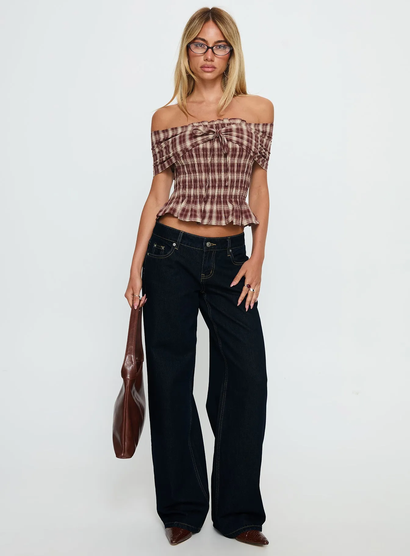 Avalynn Off Shoulder Shirred Top Brown Check sold by Princess Polly product image thumbnail 3