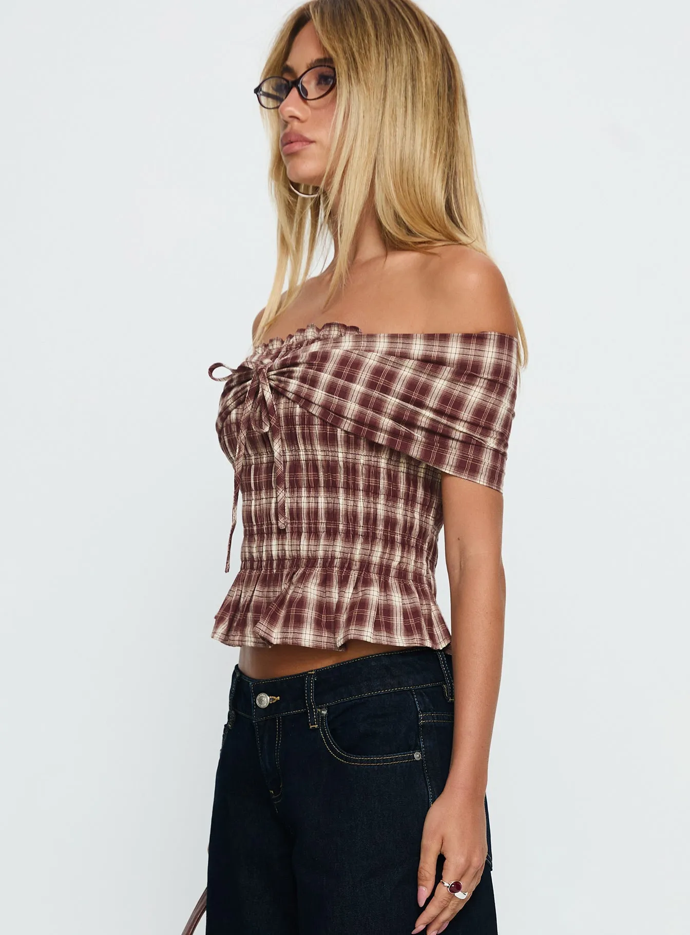 Avalynn Off Shoulder Shirred Top Brown Check sold by Princess Polly product image thumbnail 4