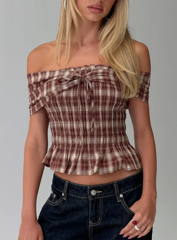 Avalynn Off Shoulder Shirred Top Brown Check sold by Princess Polly