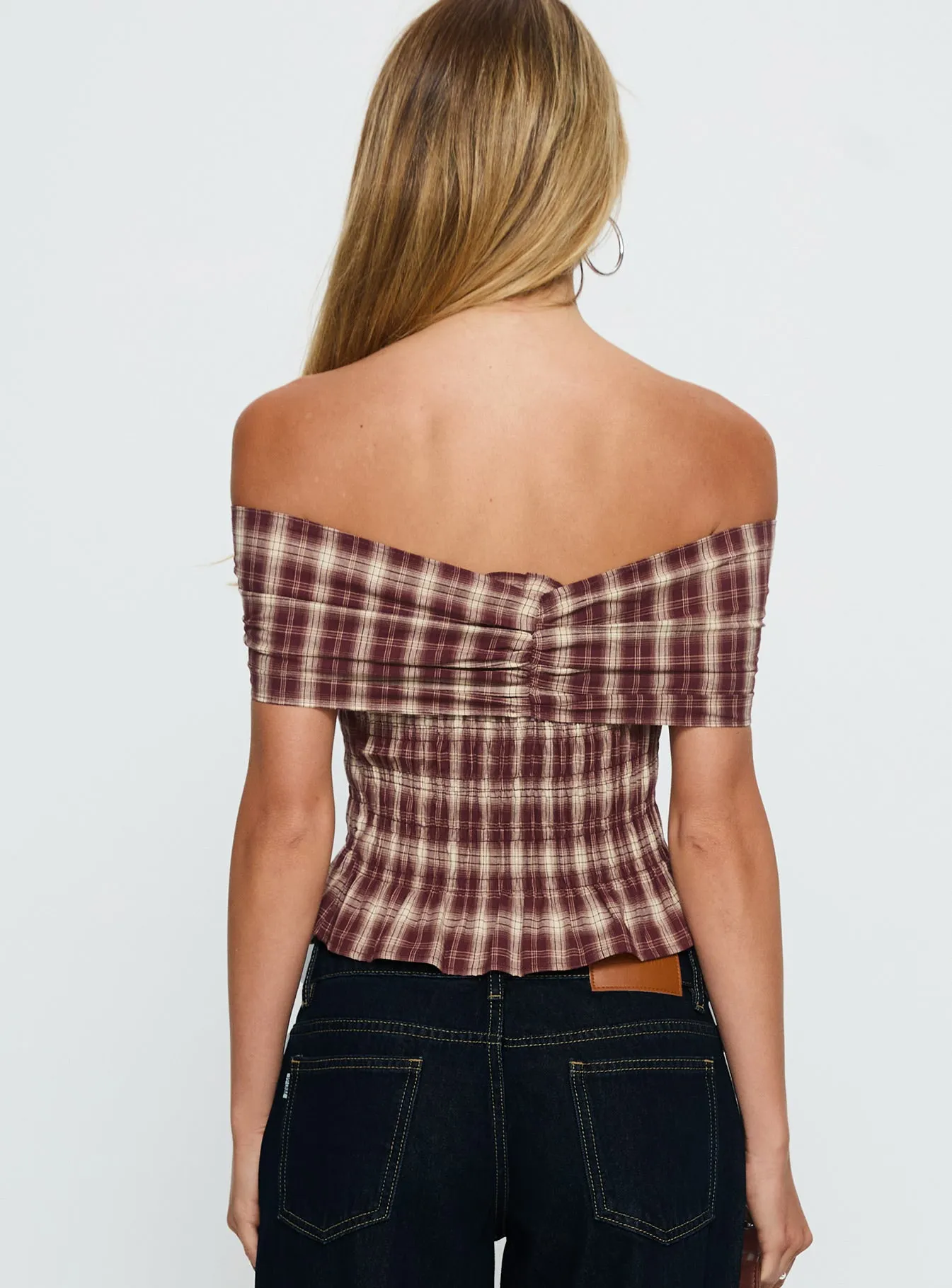 Avalynn Off Shoulder Shirred Top Brown Check sold by Princess Polly product image thumbnail 5