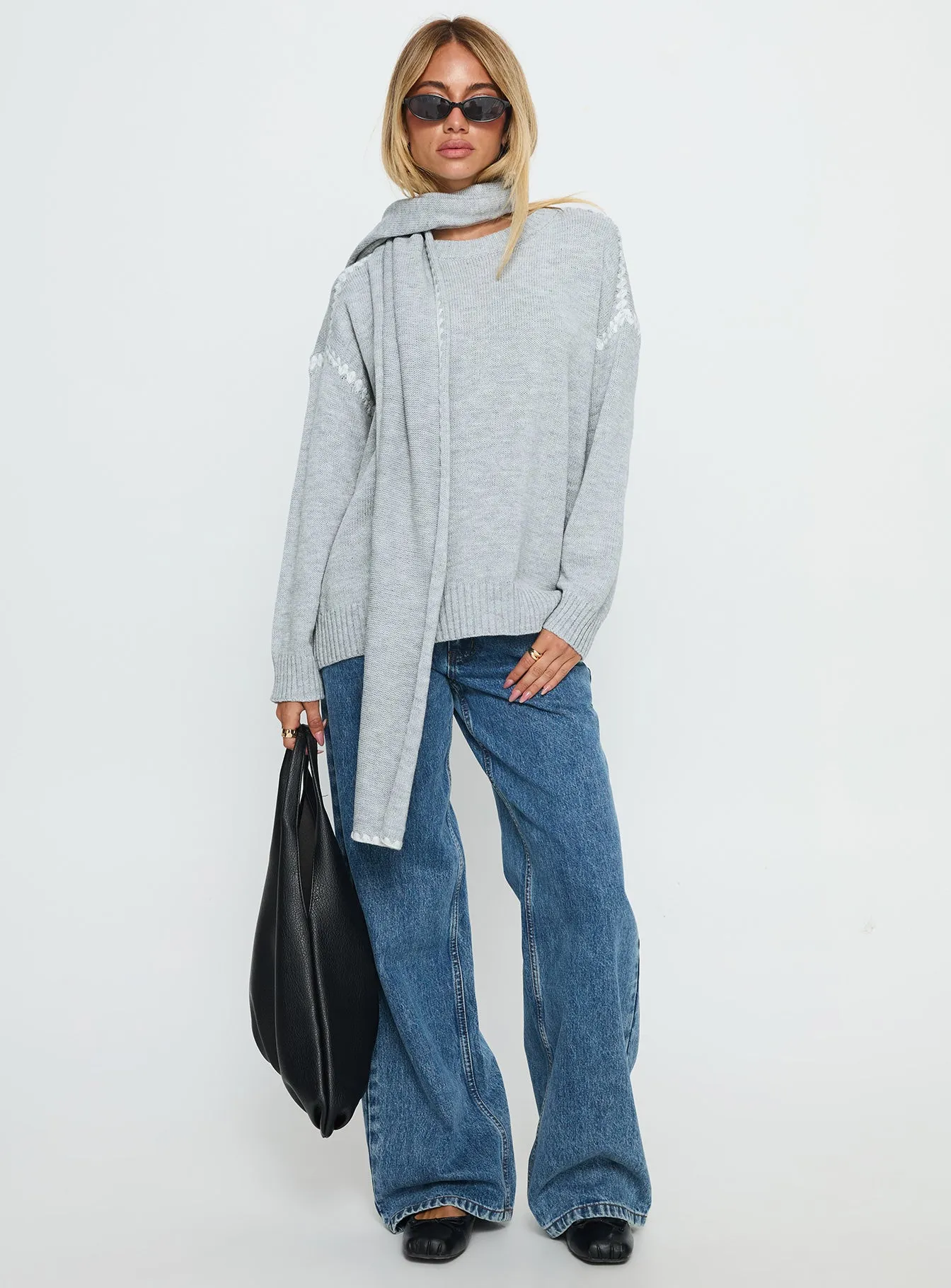 Keriana Contrast Stitch Knit Sweater Grey / White sold by Princess Polly product image thumbnail 3