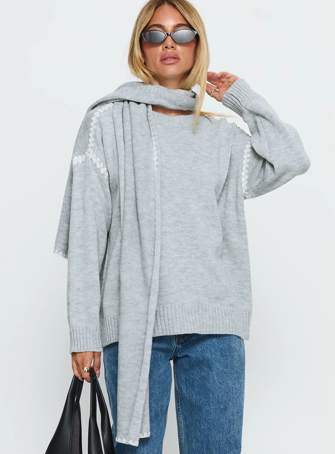 Keriana Contrast Stitch Knit Sweater Grey / White sold by Princess Polly product image thumbnail 2