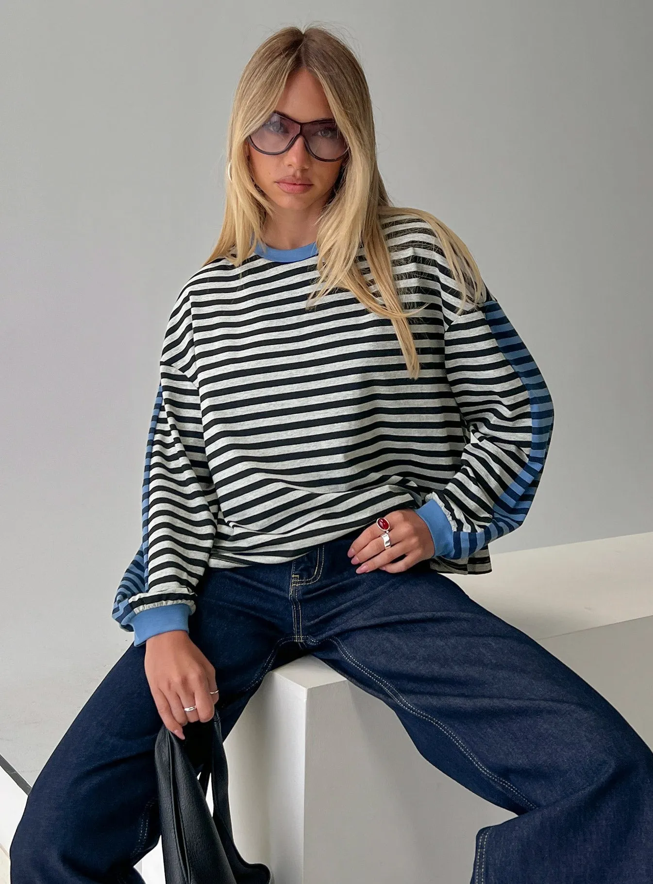 Taysha Long Sleeve Top Black / Grey Stripe sold by Princess Polly