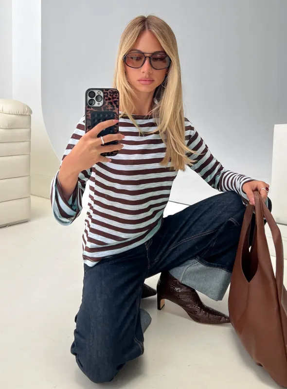 So Composed Boat Neck Long Sleeve Top Blue Stripe sold by Princess Polly