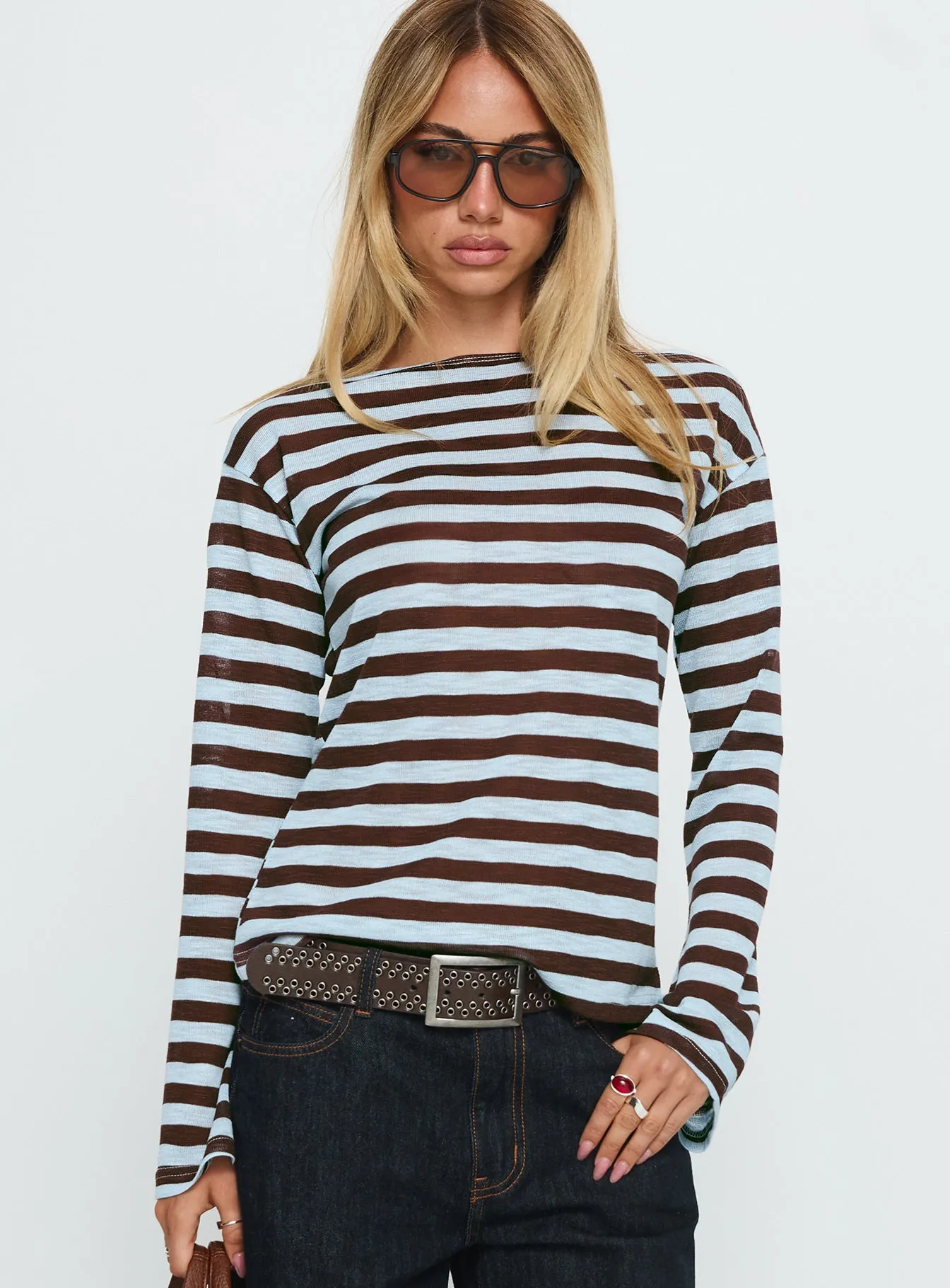 So Composed Boat Neck Long Sleeve Top Blue Stripe sold by Princess Polly product image thumbnail 2