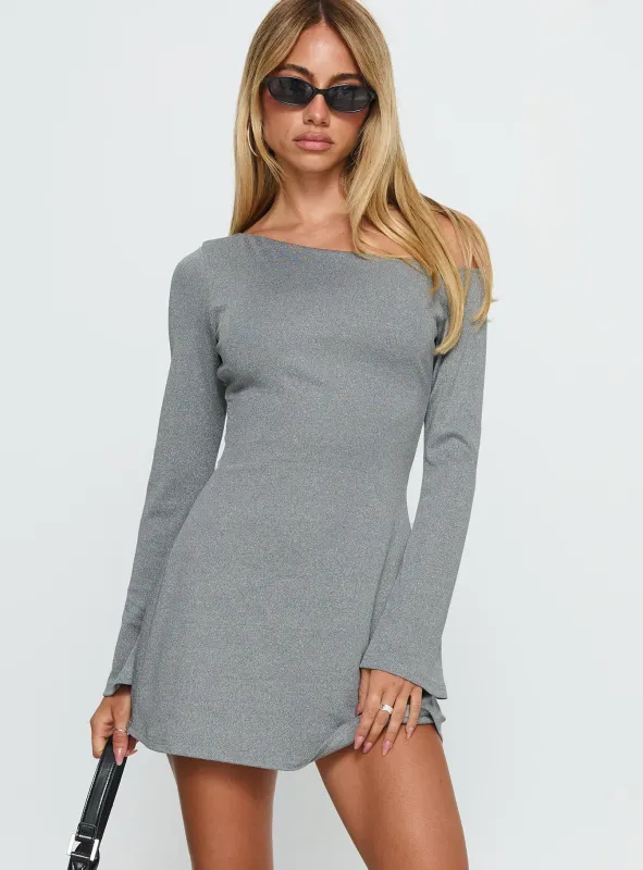Adrietta Off Shoulder Long Sleeve Mini Dress Grey Marle sold by Princess Polly