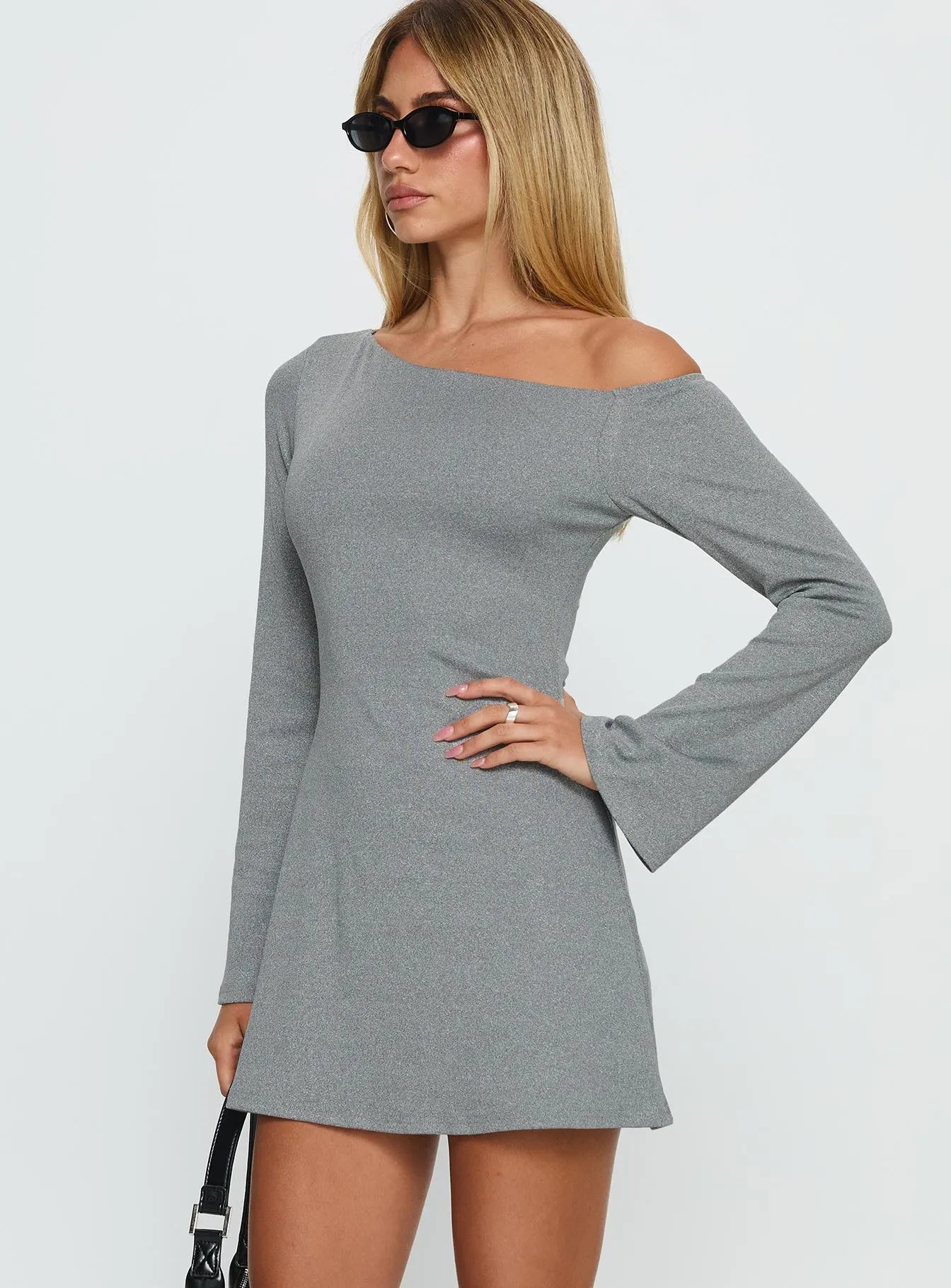 Adrietta Off Shoulder Long Sleeve Mini Dress Grey Marle sold by Princess Polly product image thumbnail 3