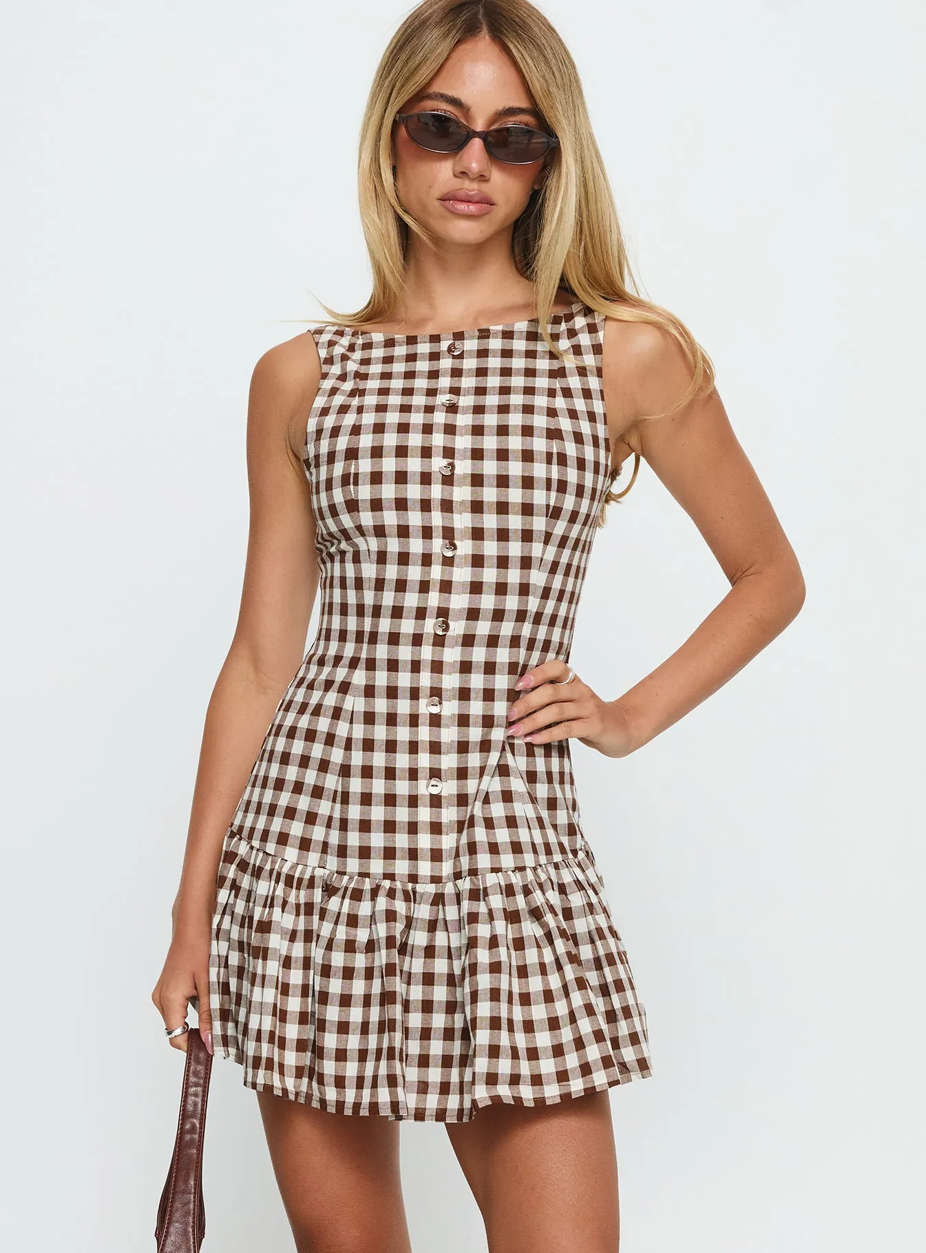 Kolbie Boat Neck Frill Mini Dress Brown Gingham sold by Princess Polly