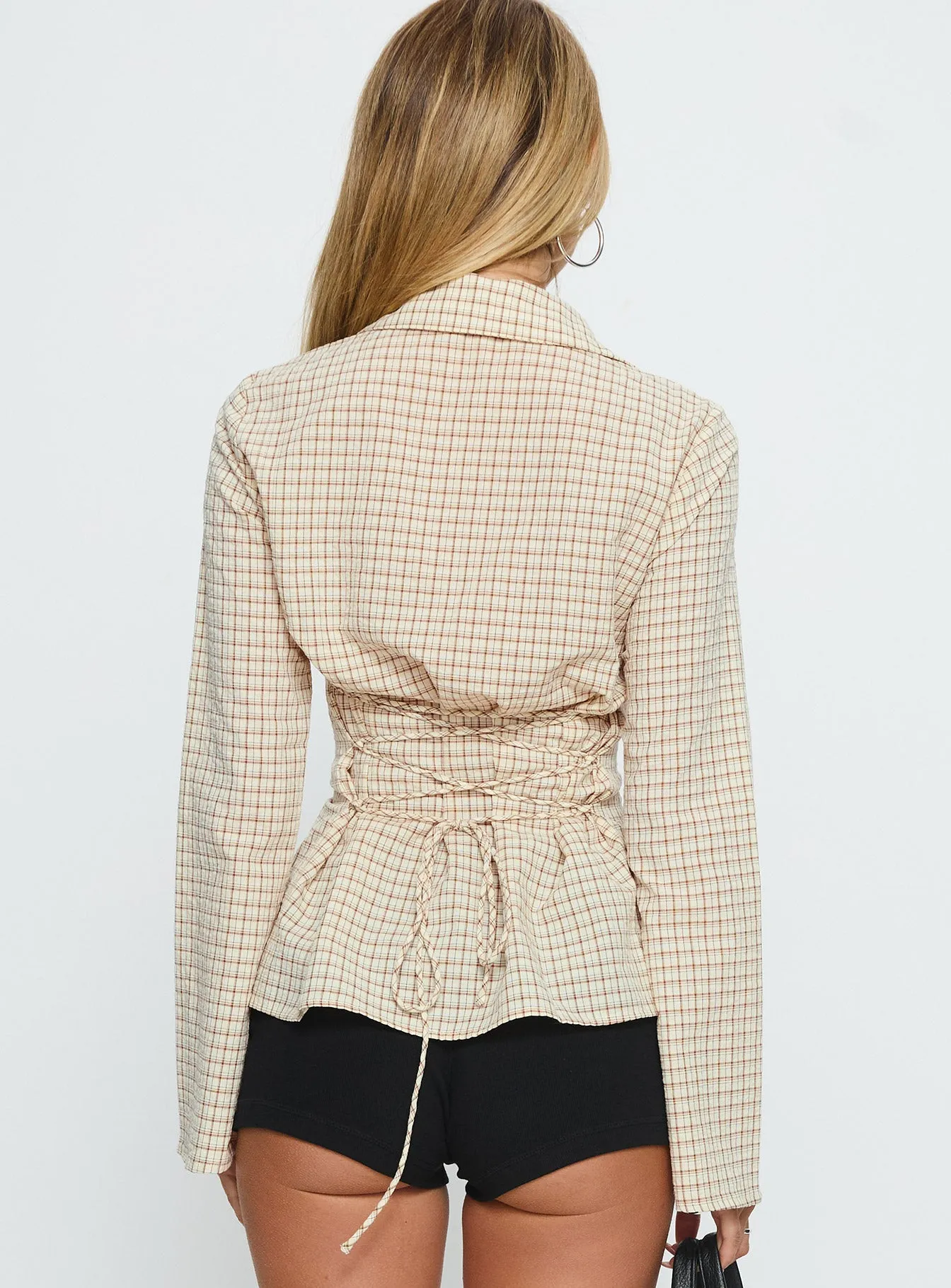 Eryx Tie Back Button Up Top Apricot Check sold by Princess Polly product image thumbnail 4