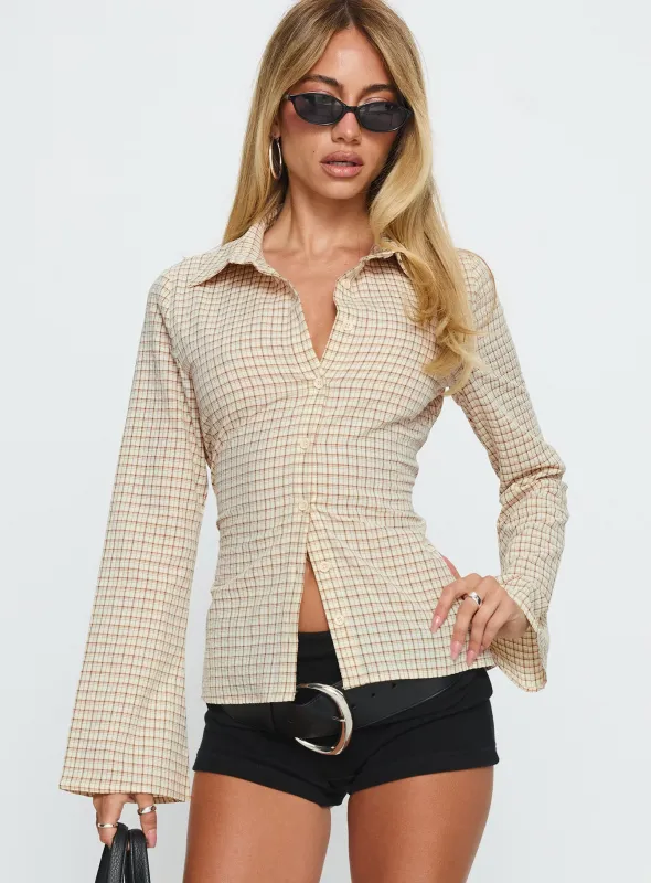 Eryx Tie Back Button Up Top Apricot Check sold by Princess Polly