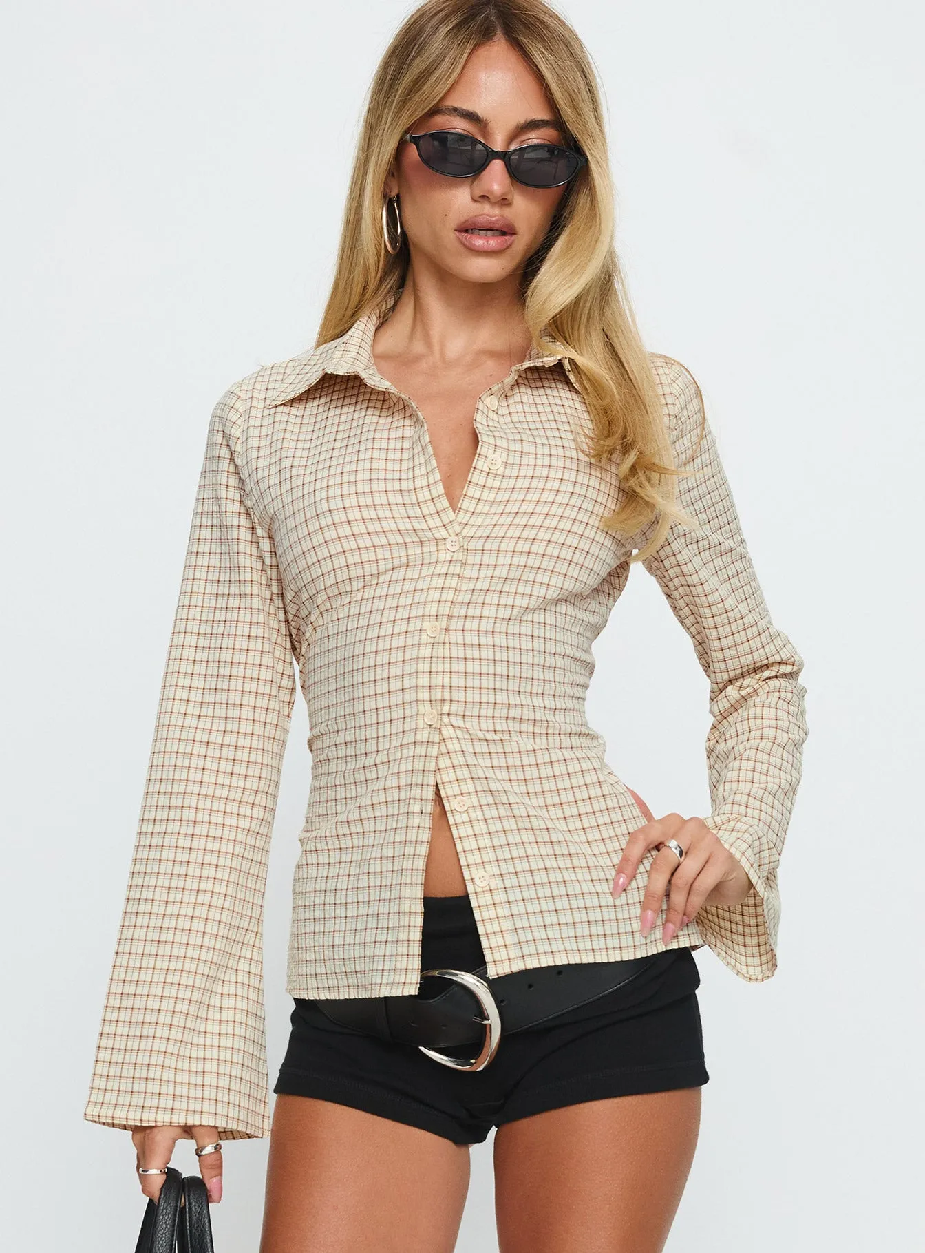 Eryx Tie Back Button Up Top Apricot Check sold by Princess Polly