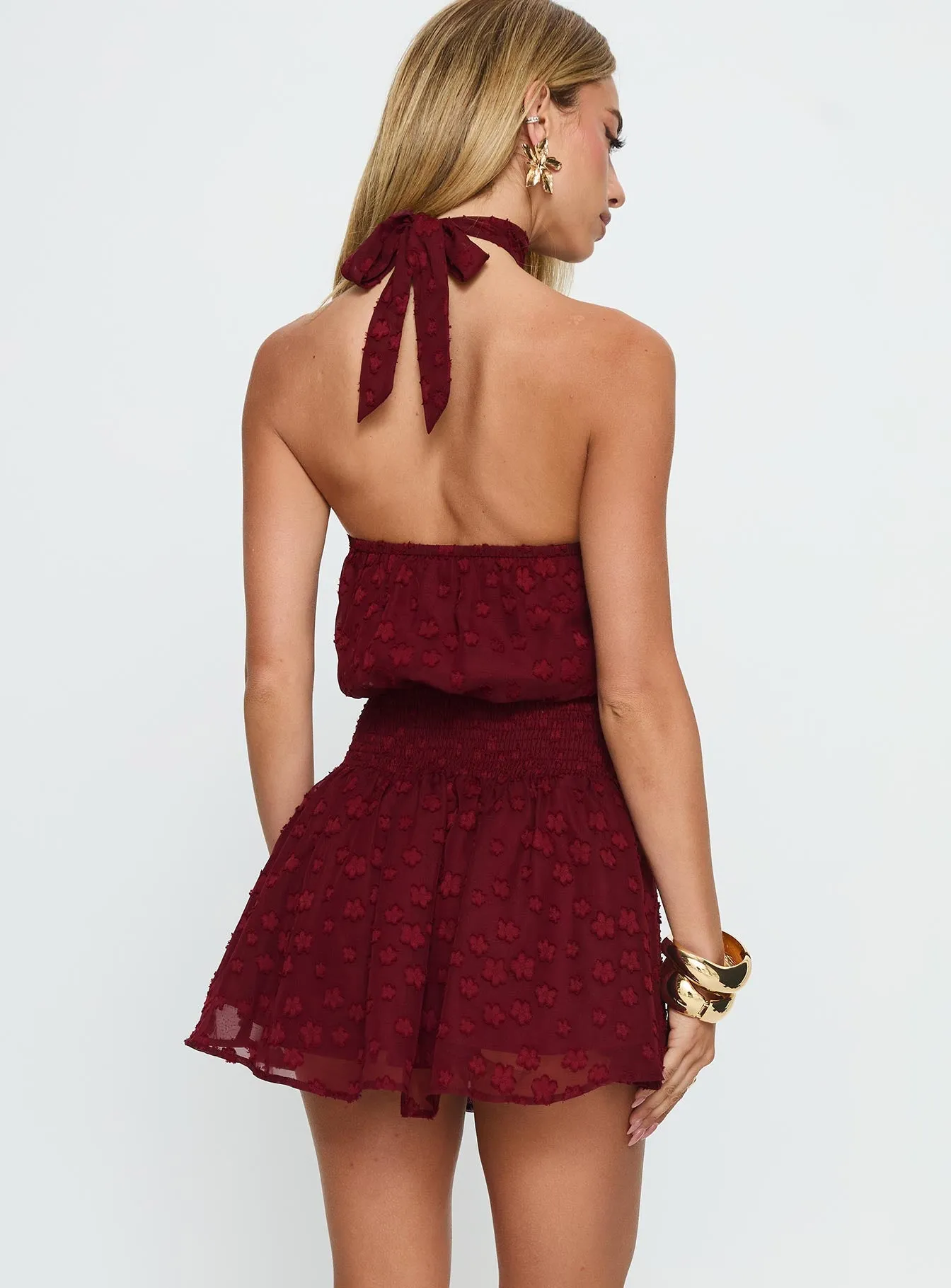 Eurythmic Scarf Halter Mini Dress Burgundy Jacquard sold by Princess Polly product image thumbnail 4