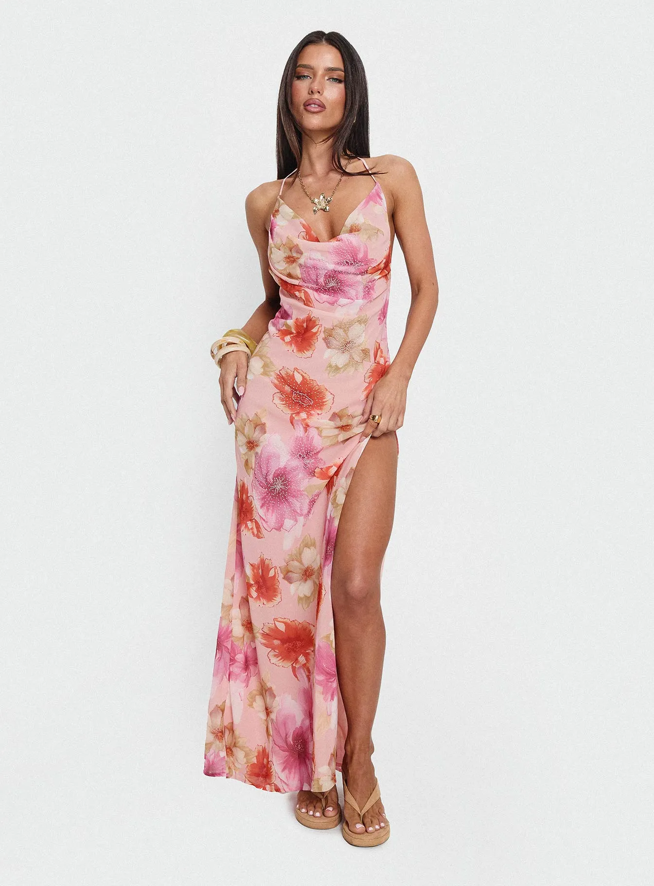 Sibellah Beaded Cowl Neck Maxi Dress Pink Multi sold by Princess Polly