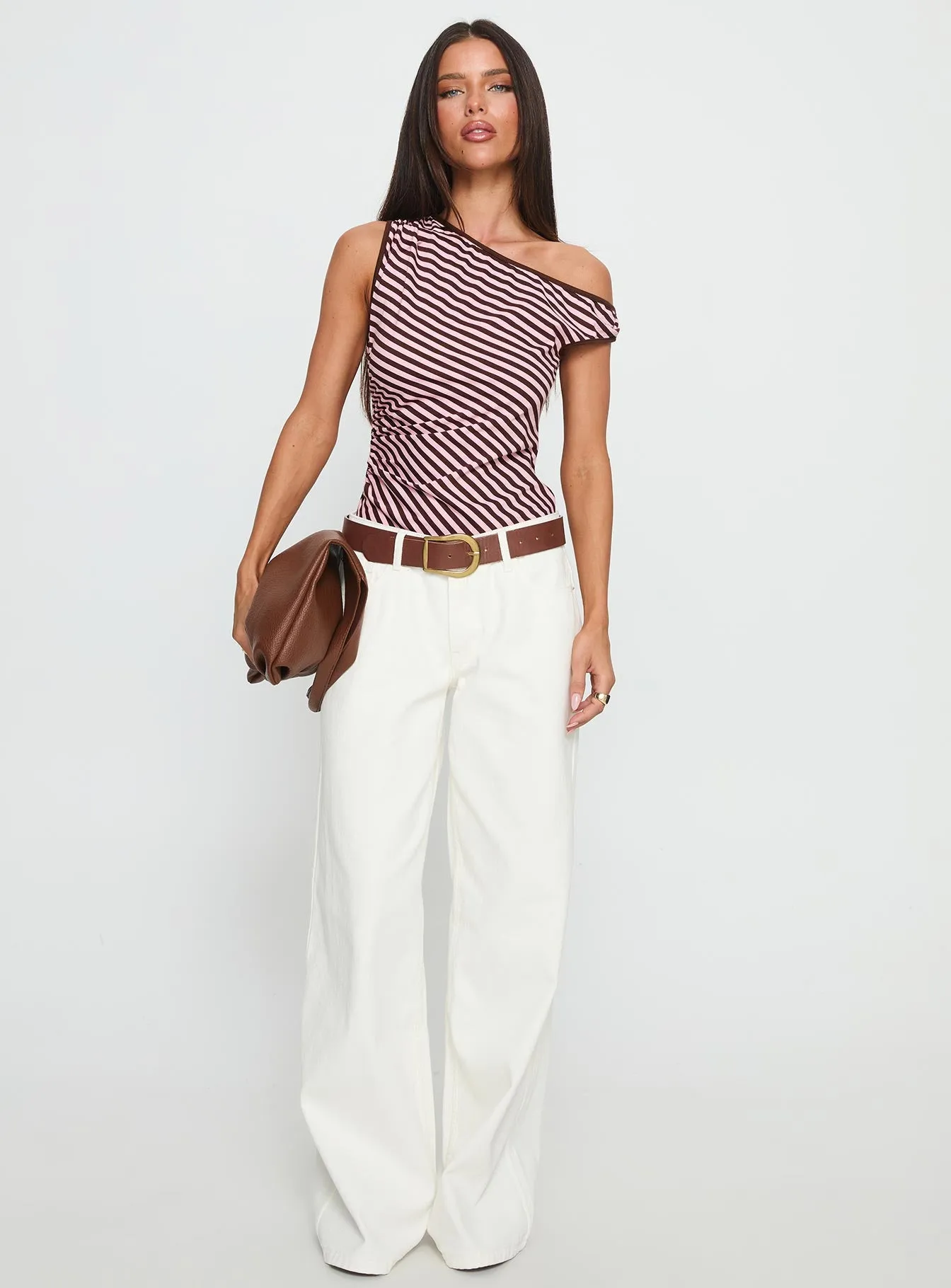 Ayviana One Shoulder Bodysuit Pink / Brown Stripe sold by Princess Polly product image thumbnail 2