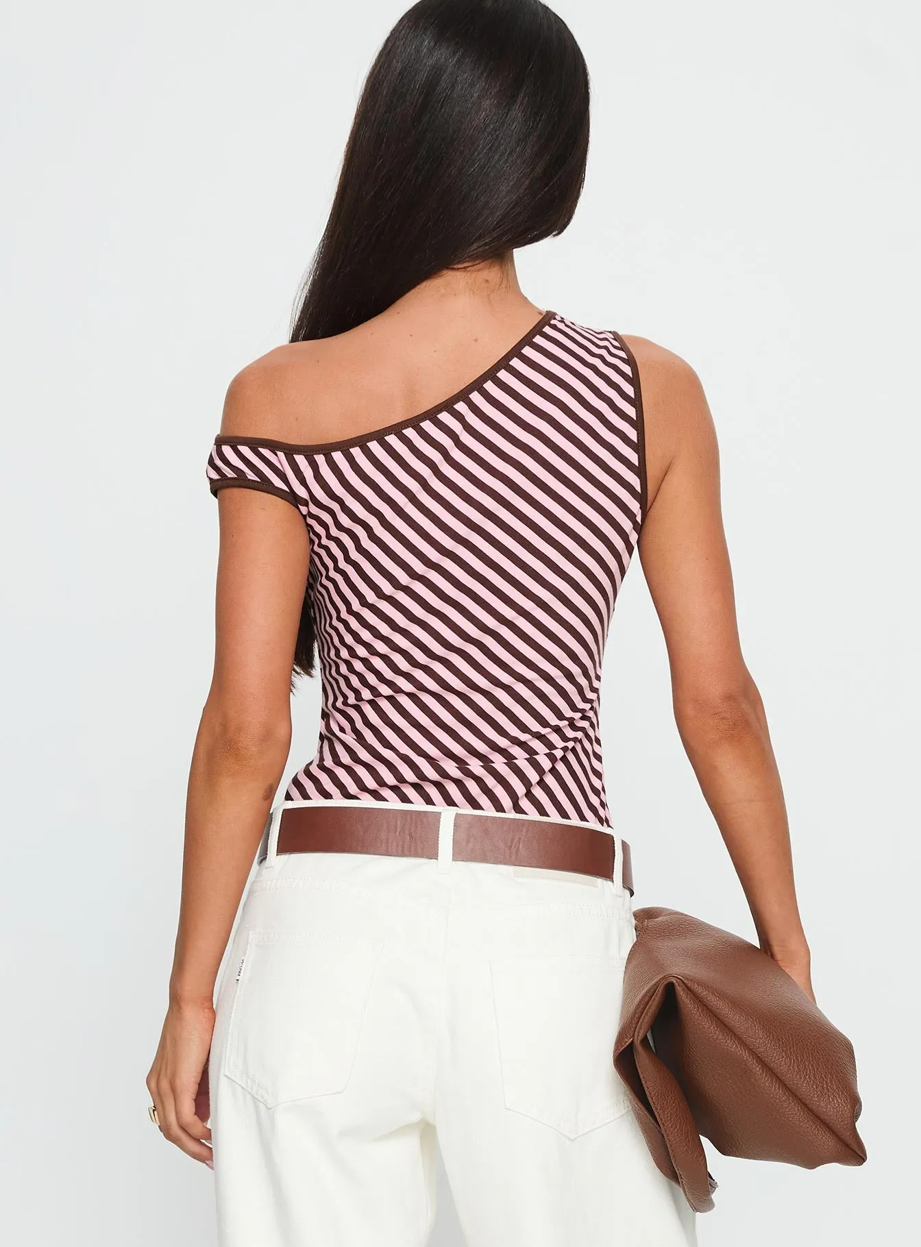 Ayviana One Shoulder Bodysuit Pink / Brown Stripe sold by Princess Polly product image thumbnail 4