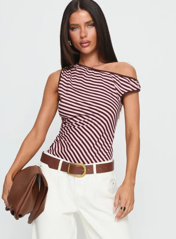 Ayviana One Shoulder Bodysuit Pink / Brown Stripe sold by Princess Polly