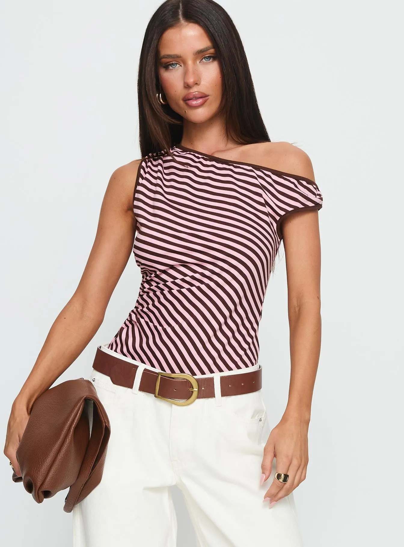 Ayviana One Shoulder Bodysuit Pink / Brown Stripe sold by Princess Polly