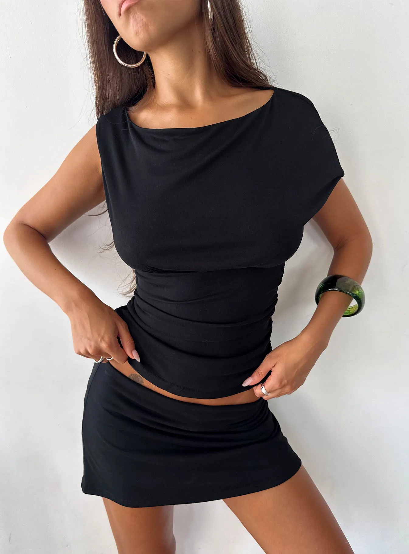 Emelyne Cinched Waist Top Black sold by Princess Polly