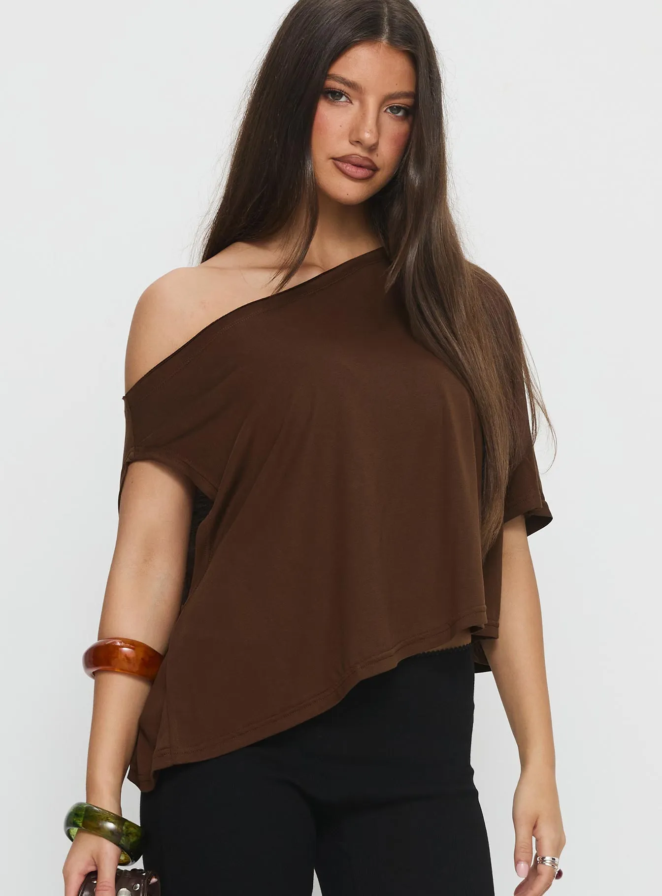 Passerby Asymmetrical Off Shoulder Top Brown sold by Princess Polly product image thumbnail 2