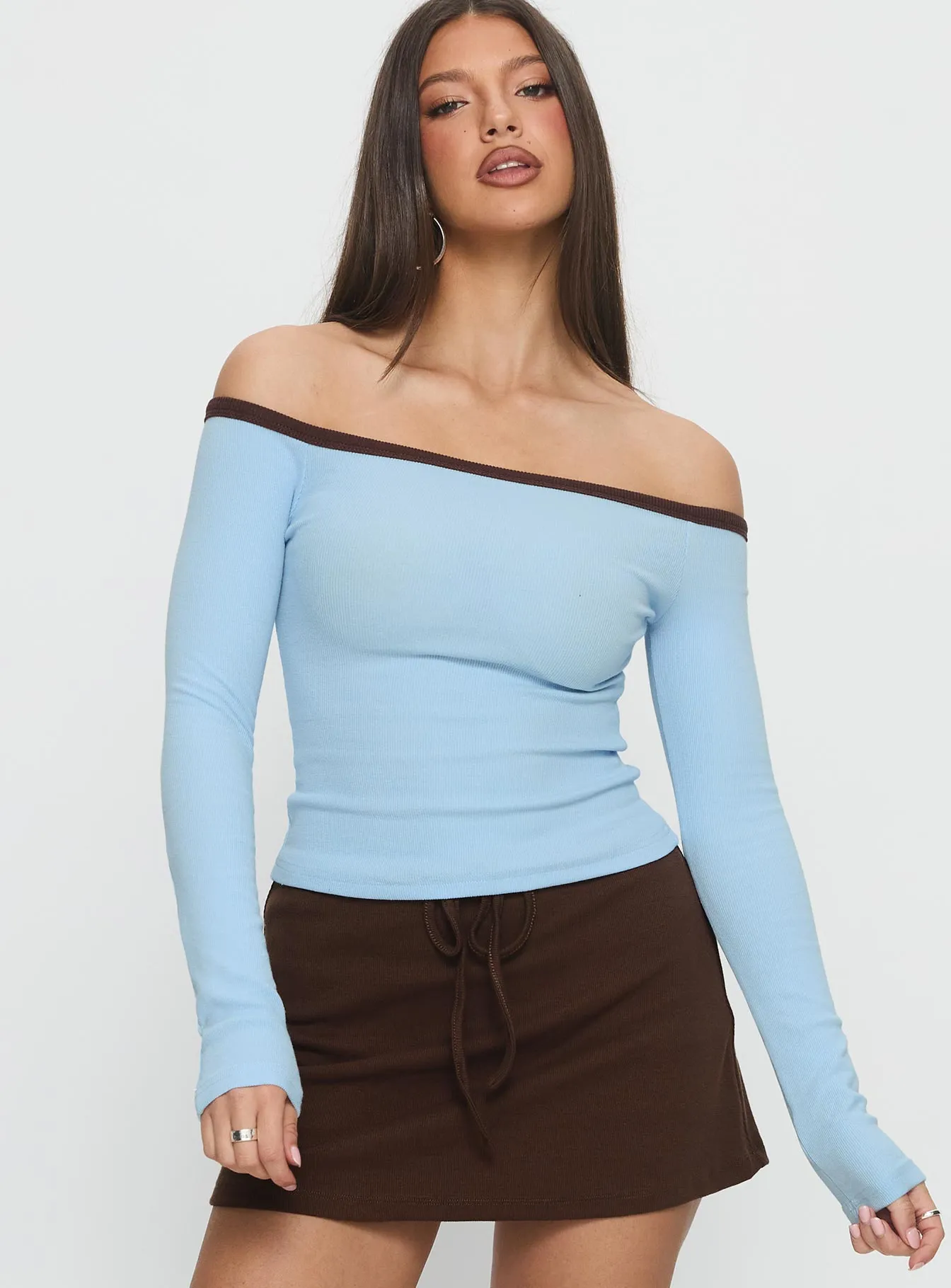 Baseline Off Shoulder Top Blue / Brown sold by Princess Polly product image thumbnail 2