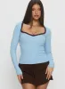 Baseline V Neck Long Sleeve Top Blue / Brown sold by Princess Polly